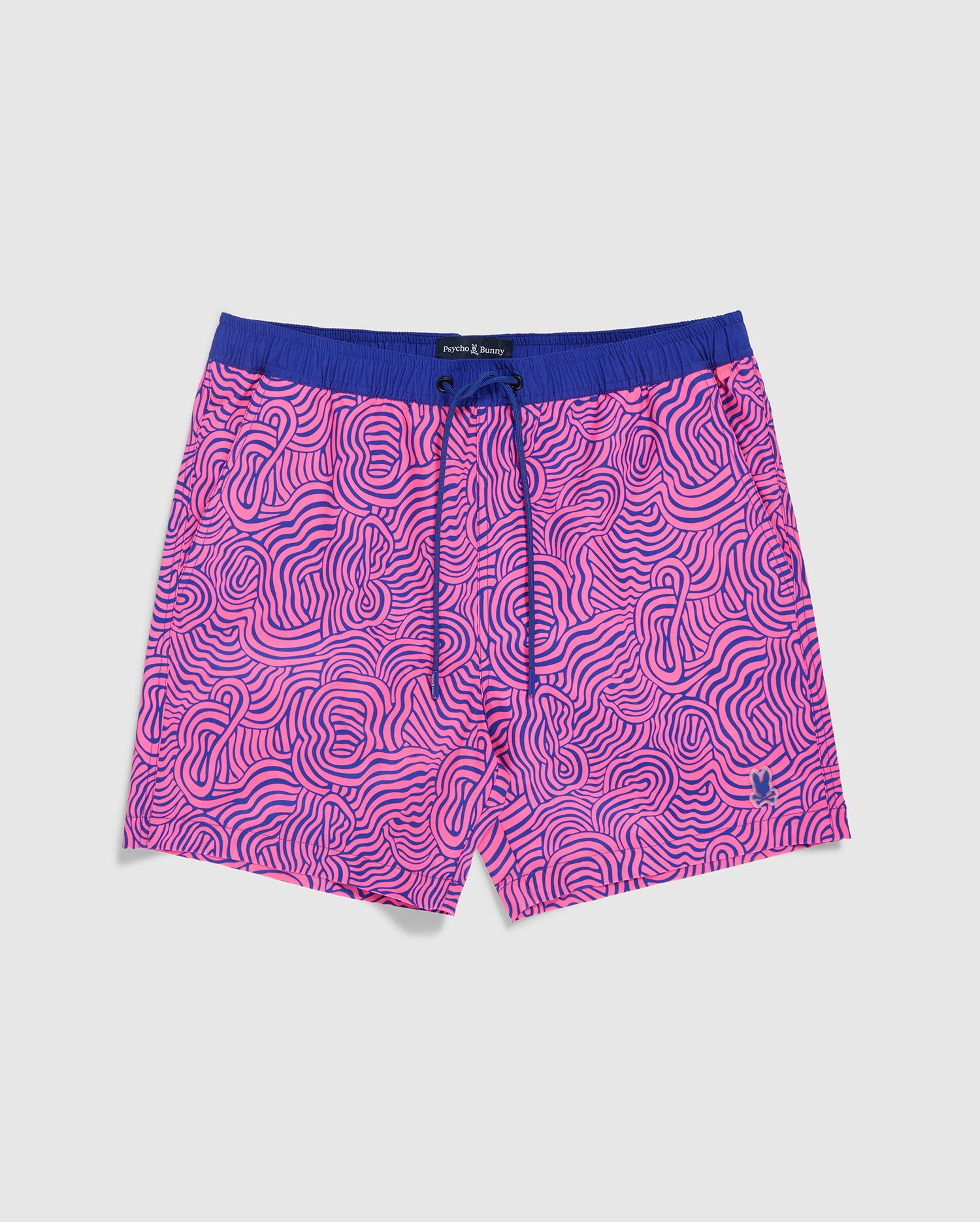 A pair of vibrant pink VERONA PRINT SWIM TRUNK - B6W172B2SW from Psycho Bunny featuring a wavy, maze-like blue pattern and made from quick-dry fabric. The waistband is solid blue with a matching drawstring at the center. Complete with a comfortable mesh lining and a small embroidered logo on one leg near the hem.