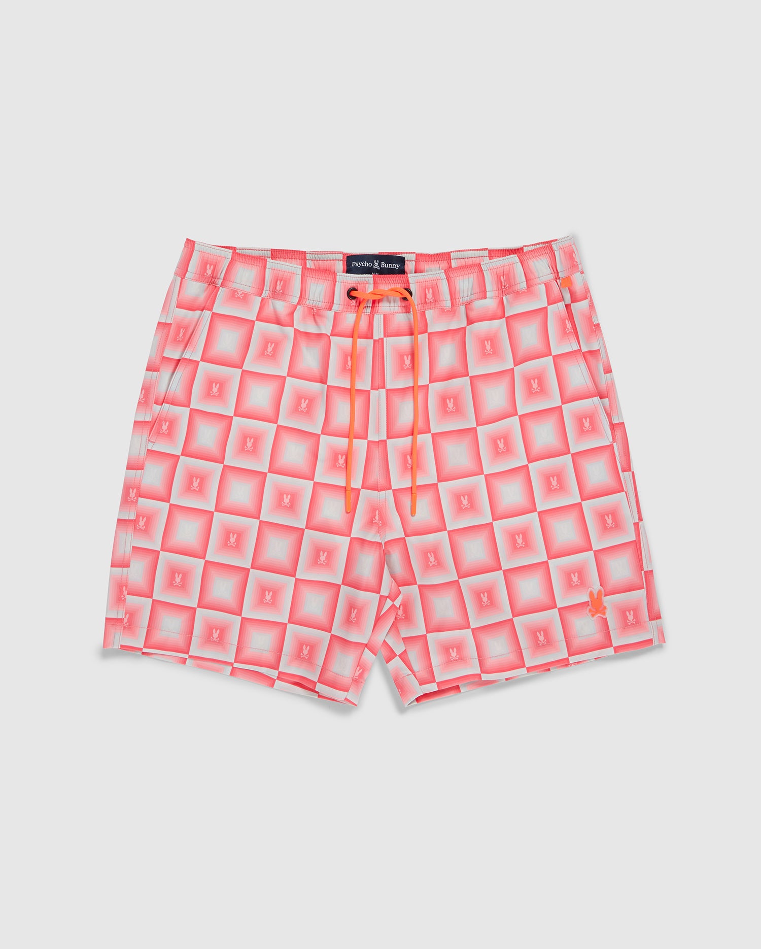 Pink Psycho Bunny UTICA swim trunks featuring a grid pattern of small flamingo graphics, displayed flat on a white background.