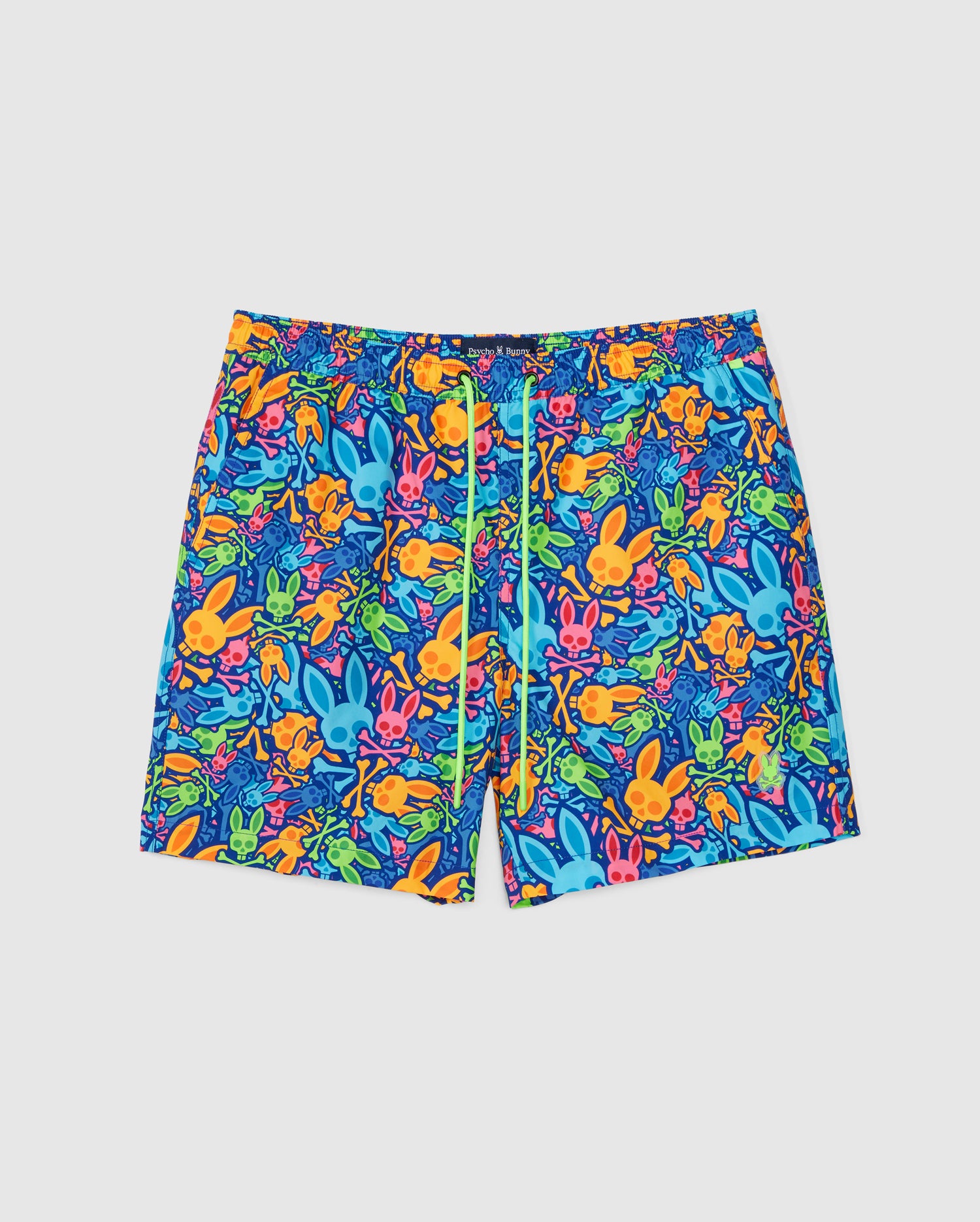 The Psycho Bunny MENS CLIFTON ALL OVER PRINT SWIM TRUNK - B6W441C200 features a bright and playful bunny print on a blue background. These men's swim trunks come with an elastic waistband, a central white drawstring, and a quick-dry shell for ultimate comfort.