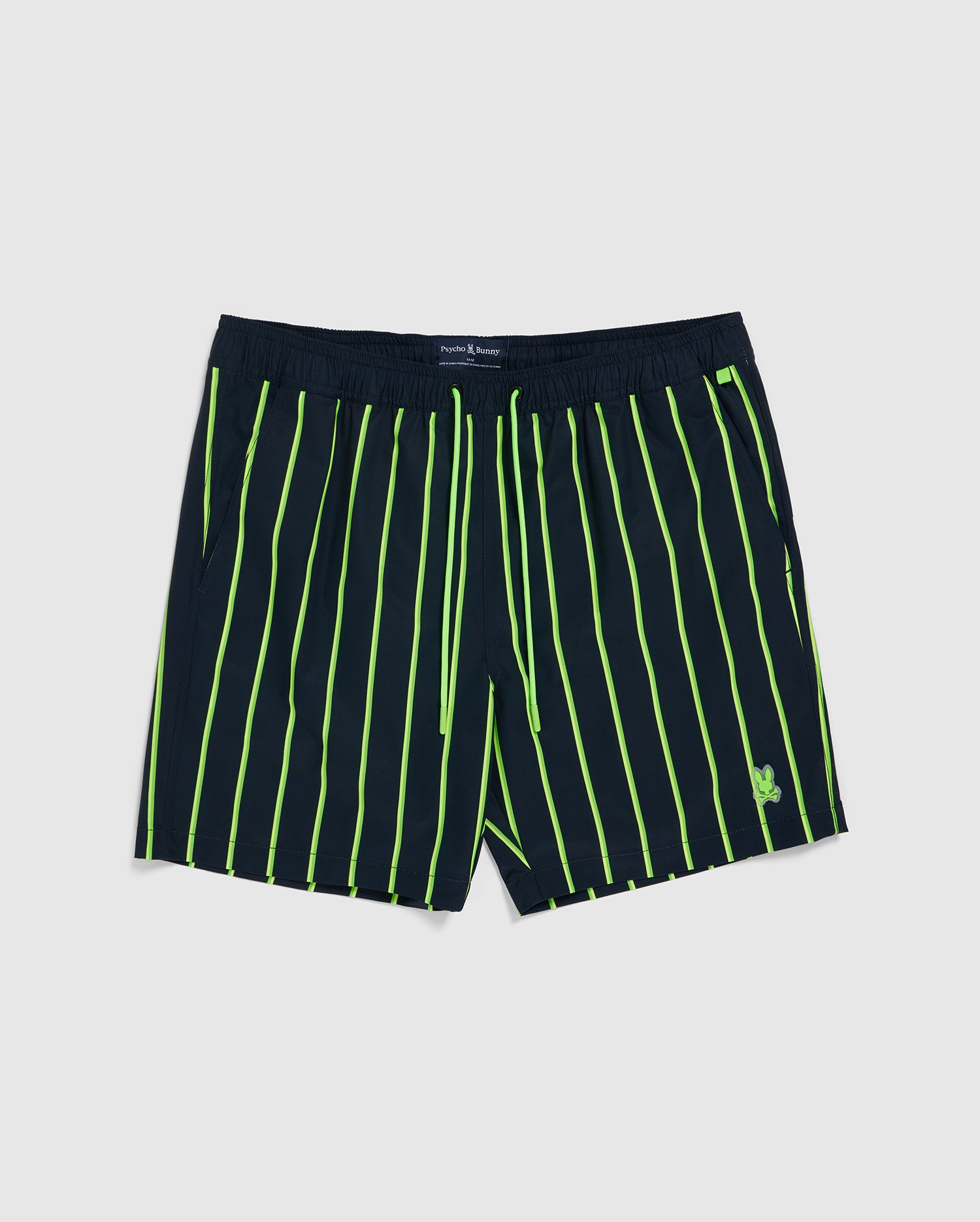 Men's Psycho Bunny Alton Stripe Swim Trunk in black with neon green vertical stripes and a small green logo on the lower left leg, displayed against a plain white background.