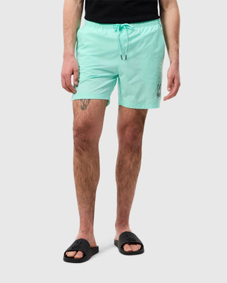 Male model wearing men's parker hydrochromic swim trunk in beach glass