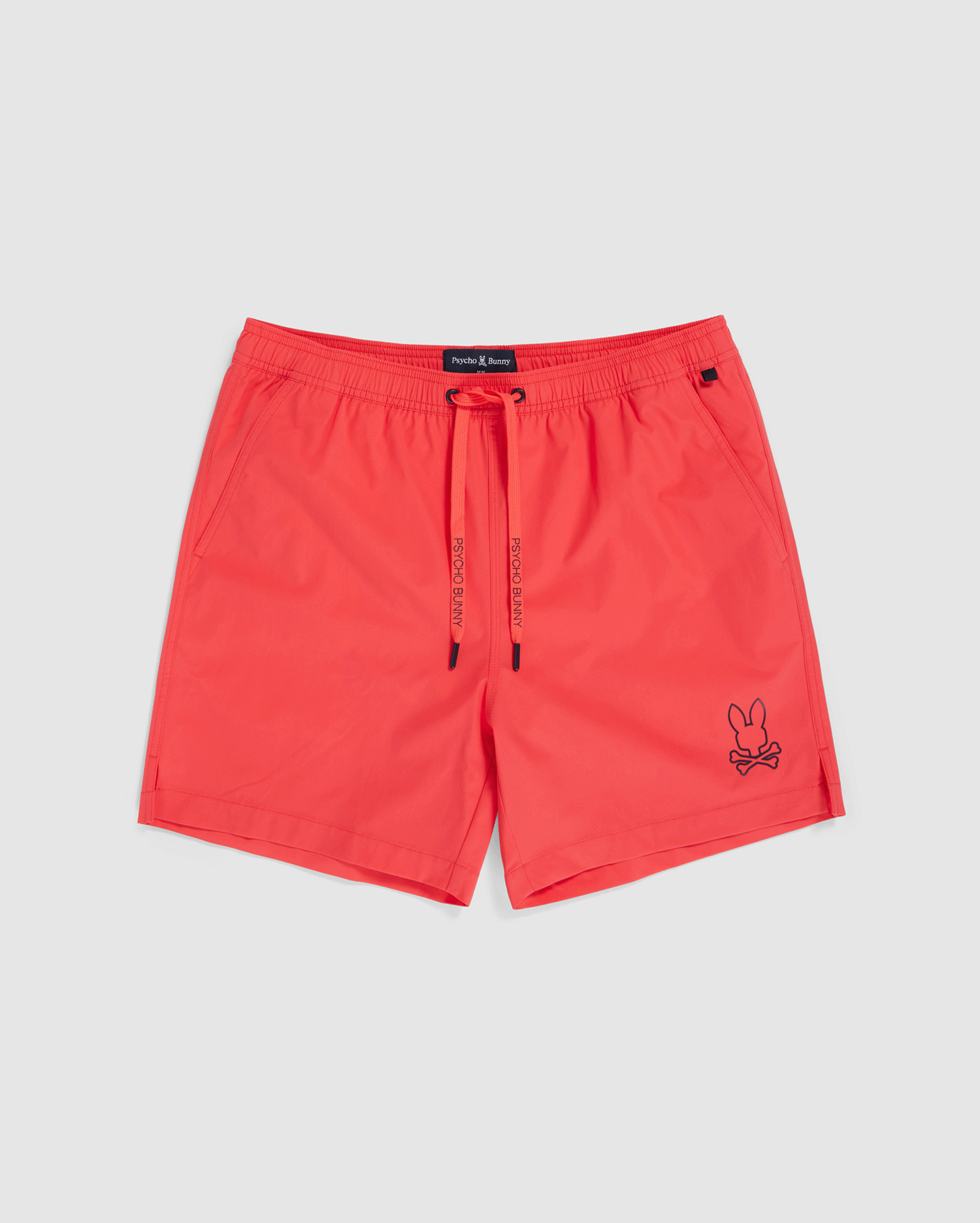 Bright red Psycho Bunny MENS PARKER HYDROCHROMIC SWIM TRUNK - B6W646C200 with an elastic waistband and a drawstring. The trunks feature a small black bunny logo on the left thigh and additional branding on the drawstring. Made from quick-dry material, the lightweight fabric is perfect for swimming.