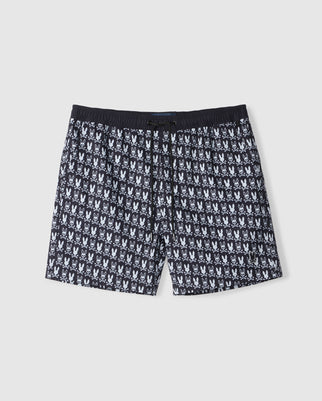 The Psycho Bunny MENS TILDEN PRINT SWIM TRUNK (B6W729D200) is a stylish pair of black swim trunks featuring a striking white contrast bunny print. These shorts are equipped with an elastic waistband and drawstring for a perfect fit and are designed with a quick-dry membrane to ensure maximum comfort.