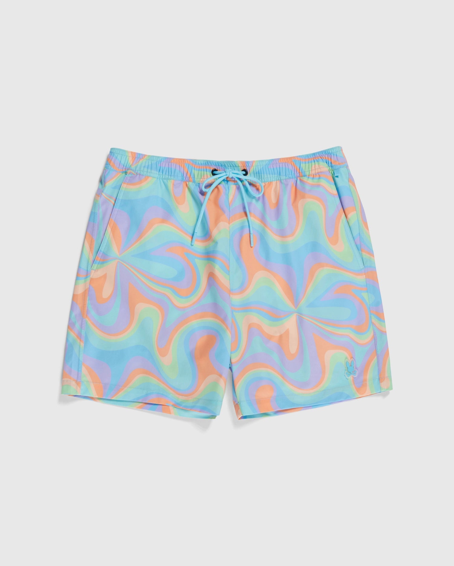 A pair of pastel-colored, quick-drying Psycho Bunny MENS BLOOMINGTON SWIM TRUNK - B6W941A2PO with a psychedelic swirl pattern displayed on a white background.