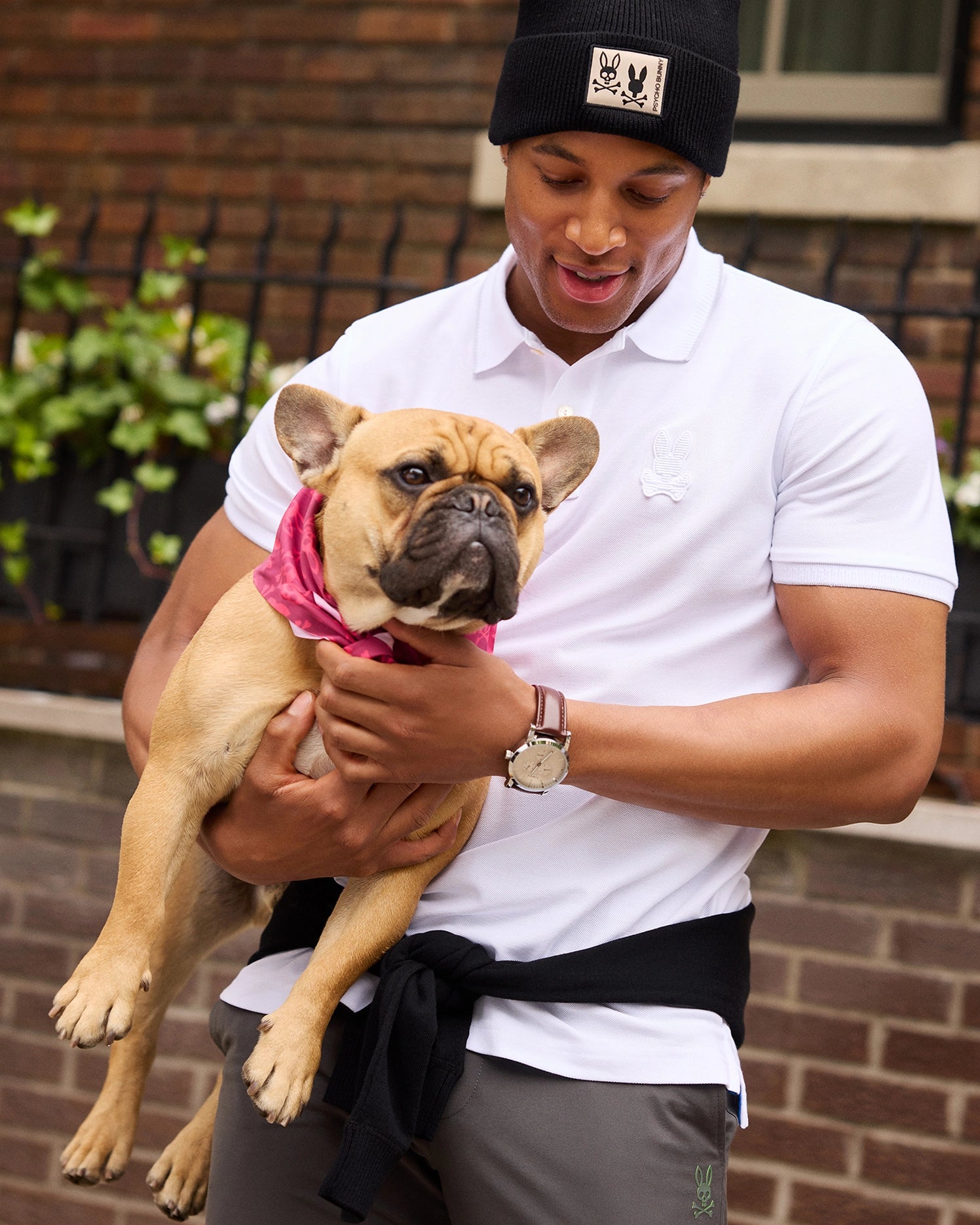 A person in a white Psycho Bunny MENS KINGSTON PIQUE POLO SHIRT - B6K764D200, black beanie, and grey pants is holding a small tan French Bulldog wearing a pink bandana. They are standing in front of a brick wall and iron fence with green plants.