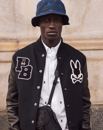 Psycho Bunny Jackets Discount Offers - Mens Pb X Golden Bear Varsity  Leather Embroidered Jacket 410 Navy