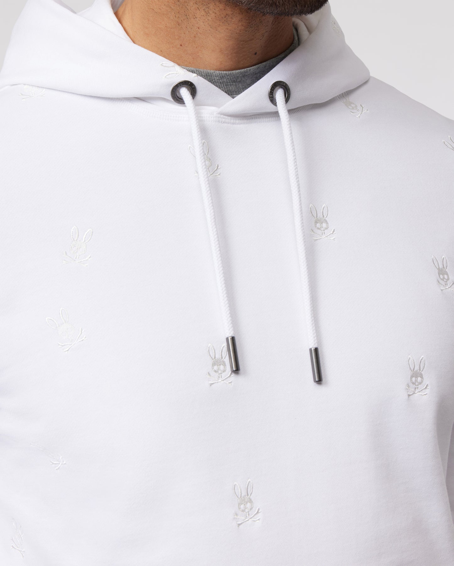MENS WHITE WOAD EMBROIDERED PSYCHO HOODIE | BUNNY POPOVER