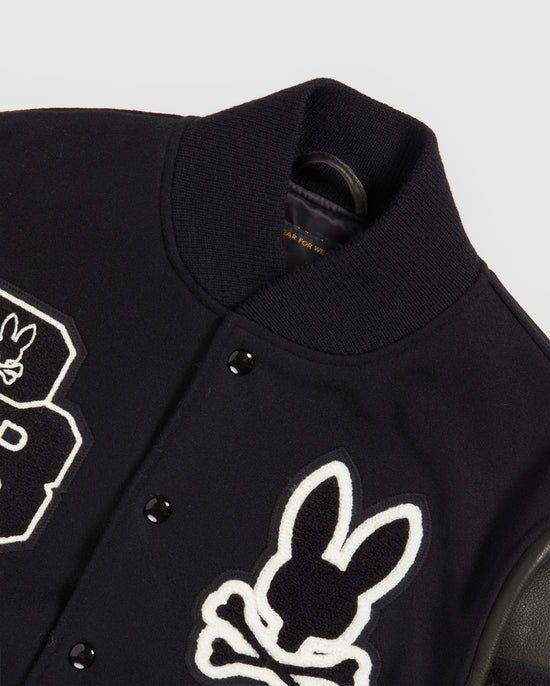 MENS PSYCHO BUNNY x GOLDEN BEAR BLACK LEATHER VARSITY JACKET – Psycho Bunny